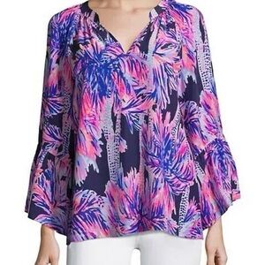 NWT Lilly Pulitzer Matilda Silk Top in Bright Navy Palms Up size XS